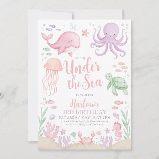 Unter dem Meer Mädchen Geburtstag Einladung (Vorderseite)