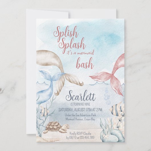 Unter dem Meer Meerjungfrau Bash Wasserfarbe Gebur Einladung (Vorderseite)