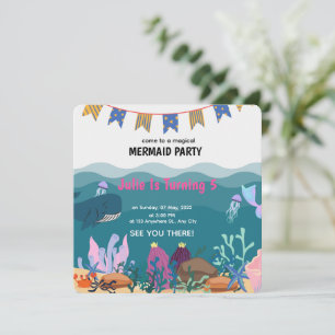 Unter dem Meer Meerjungfrau Geburtstagsfeier Gebur Einladung