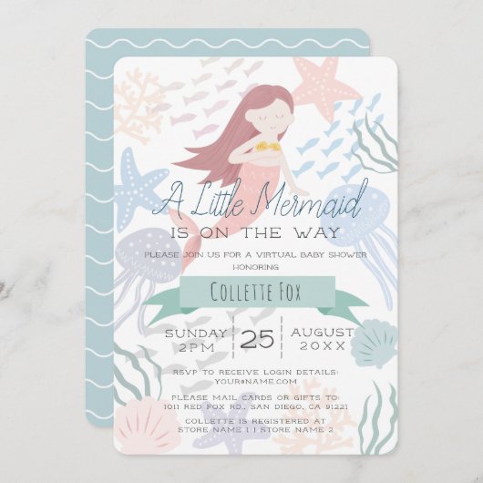 Unter dem Meer Meerjungfrau Green Virtual Baby Dus Einladung (Vorne/Hinten)