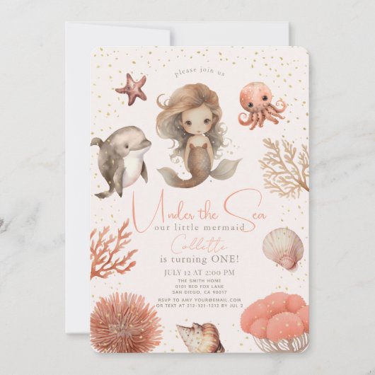 Unter dem Meer Meerjungfrau Meer Rosa Mädchen 1. G Einladung (Vorderseite)