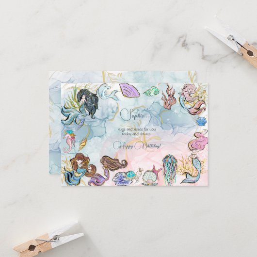 Unter dem Meer Mermaids Kinder glücklich Geburtsta Karte (Vorderseite/Rückseite Beispiel)
