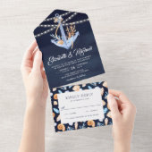 Unter dem Meer Nautical Anchor Navy Blue Wedding All In One Einladung (Abreißen)