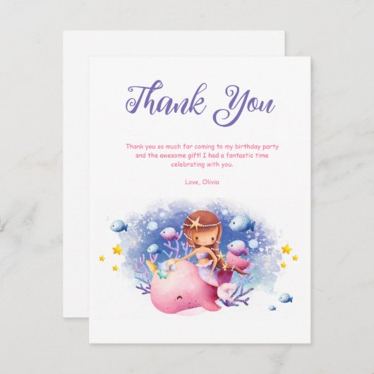 Unter dem Meer, Niedliche Meerjungfrau zum Geburts Dankeskarte (Vorne/Hinten)