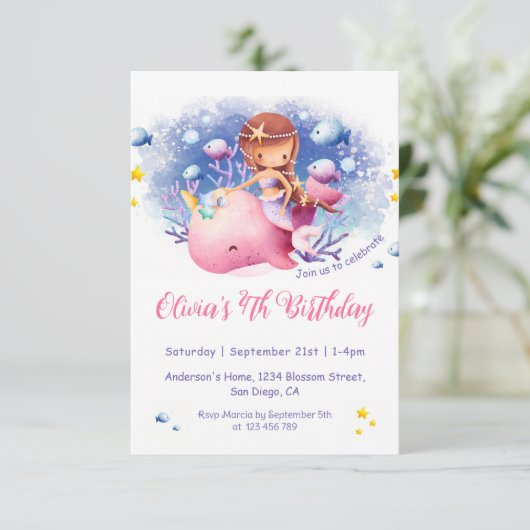 Unter dem Meer, Niedliche Meerjungfrau zum Geburts Einladung (Stehend Vorderseite)