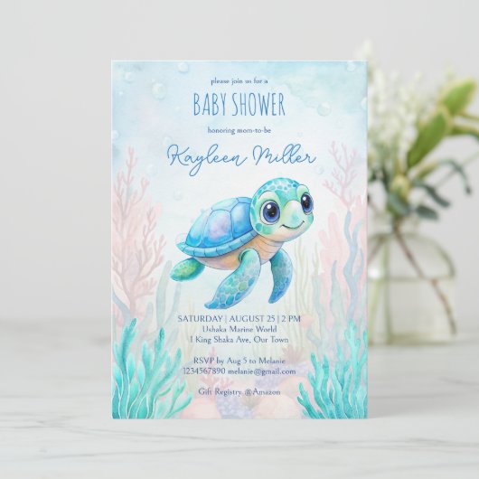Unter dem Meer niedliche Schildkröte Aqua Blue Bab Einladung (Stehend Vorderseite)