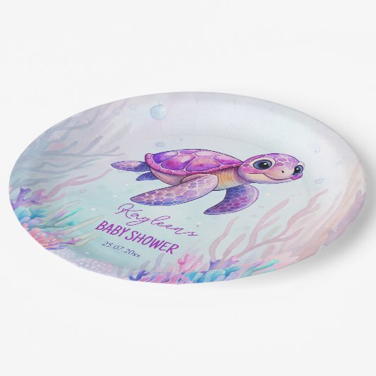 Unter dem Meer niedliche Schildkröte lila rosa Bab Pappteller (Schrägansicht)