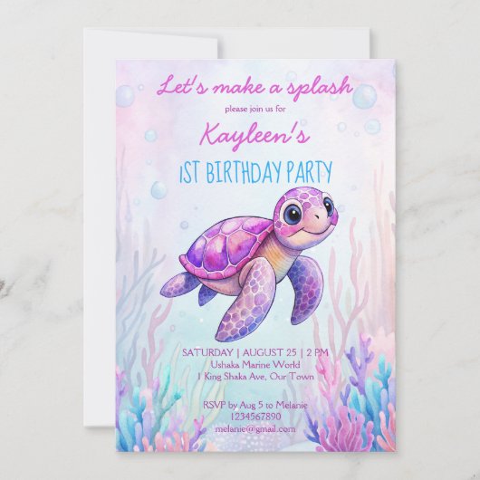 Unter dem Meer niedliche Schildkröte rosa lila Geb Einladung (Vorderseite)
