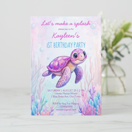 Unter dem Meer niedliche Schildkröte rosa lila Geb Einladung (Stehend Vorderseite)