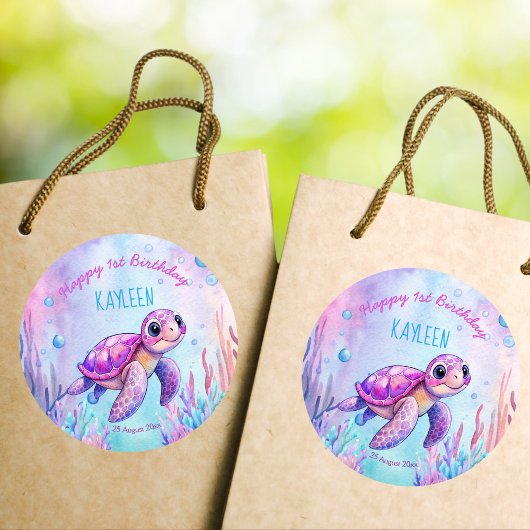 Unter dem Meer niedliche Schildkröte rosa lila Geb Runder Aufkleber