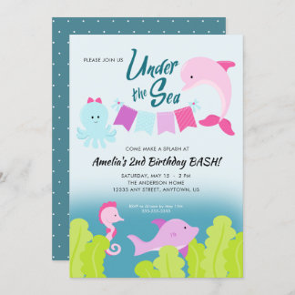 Unter dem Meer Rosa Dolphin Girl's Birthday Party Einladung