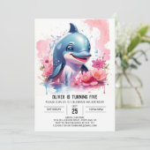 Unter dem Meer Rosa Dolphin Party Geburtstag Einladung (Stehend Vorderseite)