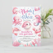 Unter dem Meer! Rosa Niedlich Ocean Girl 6. Geburt Einladung (Stehend Vorderseite)