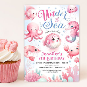 Unter dem Meer! Rosa Niedlich Ocean Girl 8. Geburt Einladung