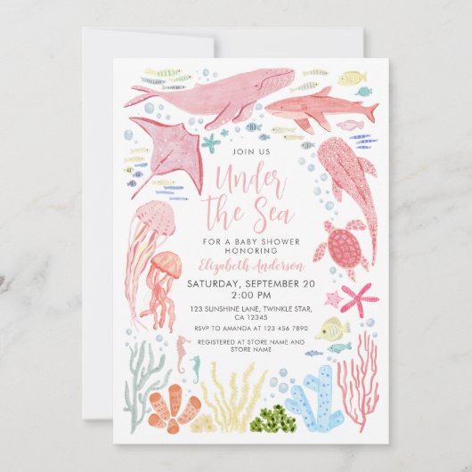 Unter dem Meer Rosa Sea Aniamls Babydusche Einladung (Vorderseite)