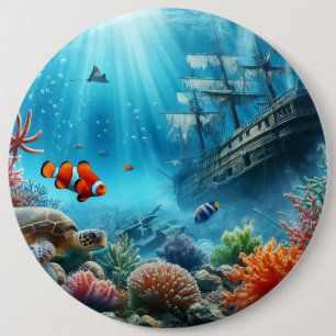 Unter dem Meer, Schildkröte, Korallen, Schiff, Clo Button
