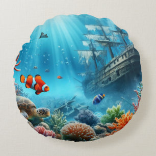Unter dem Meer, Schildkröte, Korallen, Schiff, Clo Rundes Kissen
