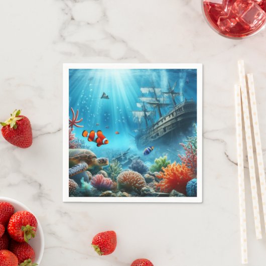 Unter dem Meer, Schildkröte, Korallen, Schiff, Clo Serviette (Beispiel)