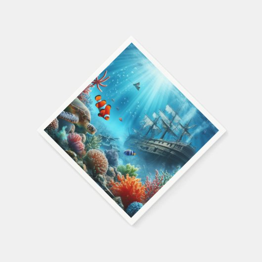 Unter dem Meer, Schildkröte, Korallen, Schiff, Clo Serviette (Ecke)