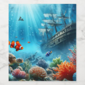 Unter dem Meer, Schildkröte, Korallen, Schiff, Clo Weinetikett (Einzelnes Label)