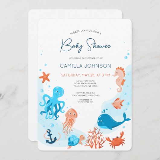 Unter dem Meer Tiere Baby Dusche Einladung (Vorne/Hinten)