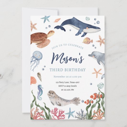 Unter dem Meer Tiere im Nautischen Ozean Junge Geb Einladung (Vorderseite)