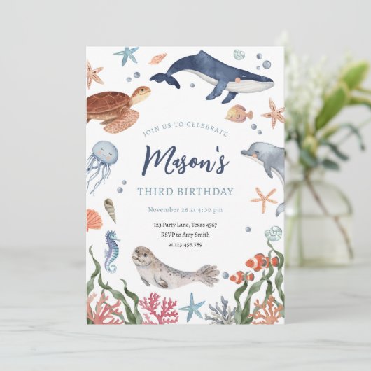 Unter dem Meer Tiere im Nautischen Ozean Junge Geb Einladung (Stehend Vorderseite)