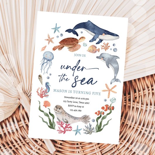 Unter dem Meer Tiere im Nautischen Ozean Junge Geb Einladung