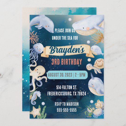 Unter dem Meer Tiere nautische Jungen zum Geburtst Einladung (Vorne/Hinten)