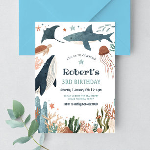 Unter dem Meer Wal Schildkröte Hai 1. Geburtstag Einladung