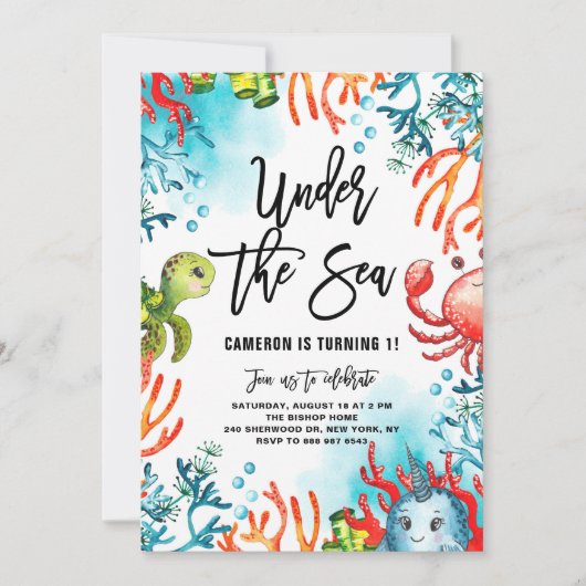 Unter dem Meer Wasserfarbe Freunde Kindergeburtsta Einladung (Vorderseite)