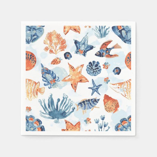 Unter dem Meer | Wasserfarben Korallen Meeres Tier Serviette (Vorderseite)