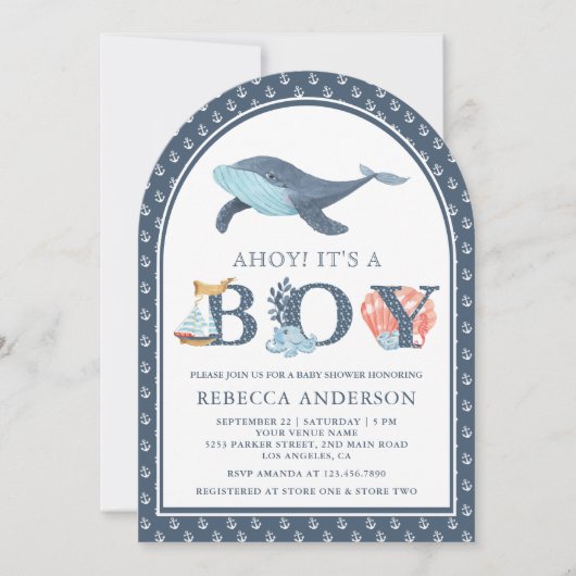 Unter dem Meer Whale Nautical Arch Babydusche Einladung (Vorderseite)