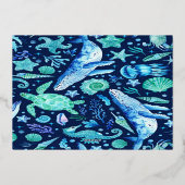 Unter dem Meer Whale Watercolor Marine Blue Birthd Folieneinladung (Rückseite)