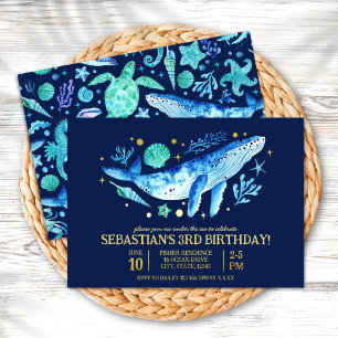 Unter dem Meer Whale Watercolor Marine Blue Birthd Folieneinladung