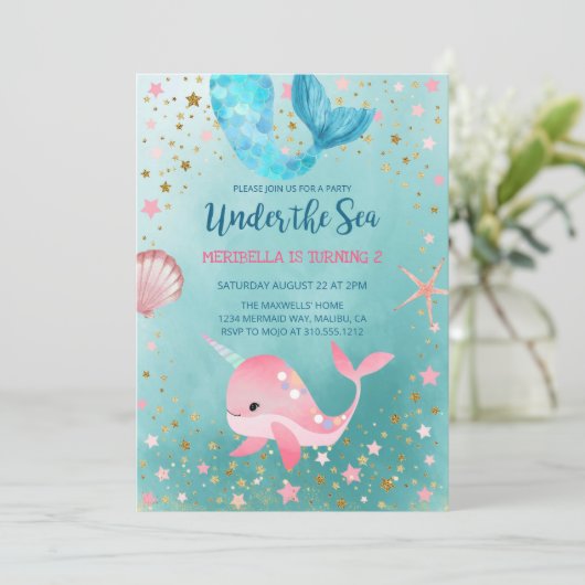 Unter dem Meeresmeer Meerjungfrau Narwhal Geburtst Einladung (Stehend Vorderseite)