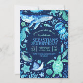 Unter dem Meeresmeer Tier dunkelblauer Geburtstag Einladung (Vorderseite)