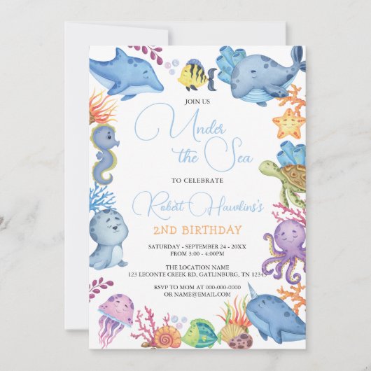 Unter dem Meeresmeer Tiere zum Geburtstag Einladun Einladung (Vorderseite)