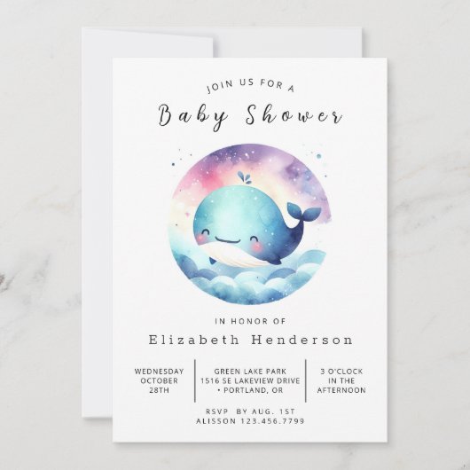 Unter dem Meeresspiegel druckbare Whale Babydusche Einladung (Vorderseite)