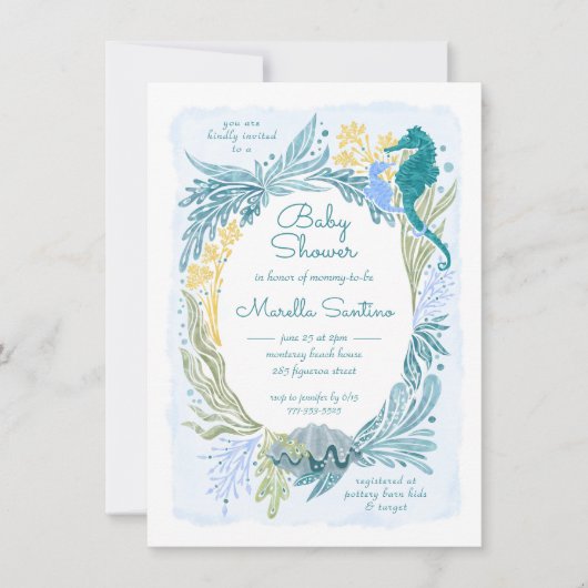 Unter dem Meereswellen Seepferd Baby Boy Einladung (Vorderseite)