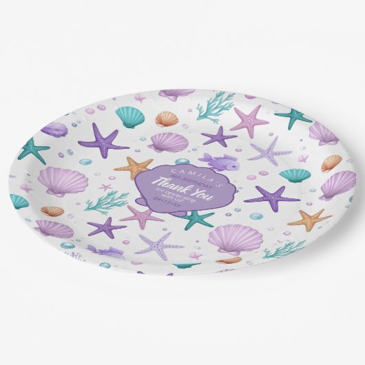 Unter dem Muster des Meereslebens danke ich Ihnen Pappteller (Schrägansicht)