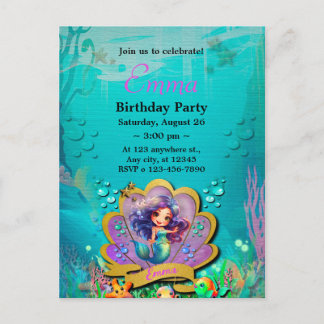 Unter dem Party "Sea & Mermaid Birthday Girl" Einladungspostkarte