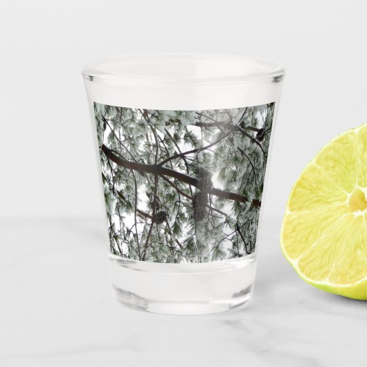 Unter dem schneebedeckten Kiefernwald WinterFoto Schnapsglas (Vorderseite)