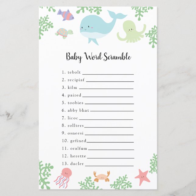 Unter dem Sea Baby Shower Word Scramble Game (Vorderseite)
