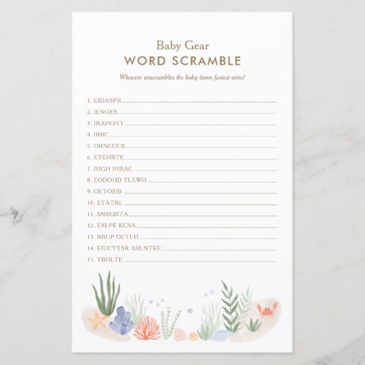 Unter dem Sea Baby Shower Word Scramble Game (Vorderseite)
