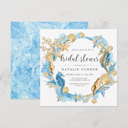 Unter dem Sea Blue & Gold Bridal Dusche Einladung (Vorne/Hinten)