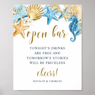 Unter dem Sea Blue Gold Wedding Open Bar Sign Poster