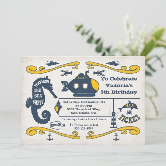 Unter dem Sea Ticket Nautical Birthday Party Einladung (Stehend Vorderseite)