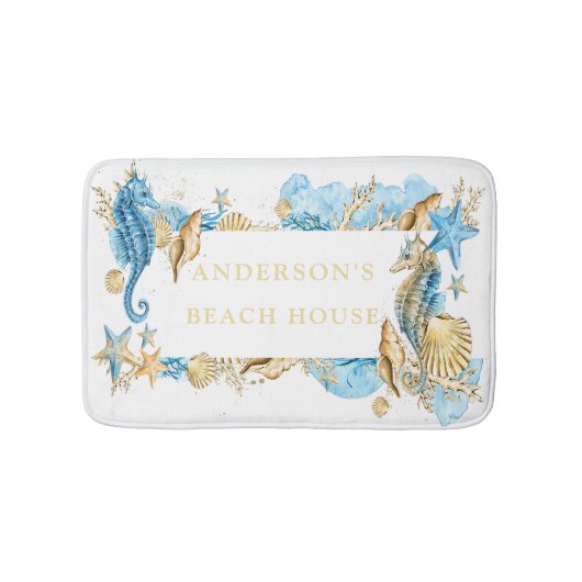 Unter dem Seeblau-u. -goldSeepferd-Strand-Haus Badematte (Vorderseite)