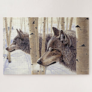 Unter den Aspens Two Wolves in Winter Snow Art Puzzle